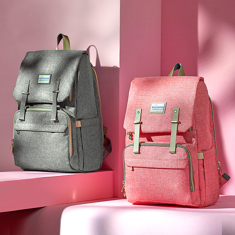 Canvas Vegan Leather Diaper Backpack – 15 Pockets, Stroller-Ready