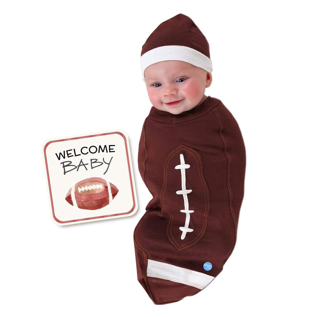 Football Baby Cocoon Swaddle Set – Newborn Gift with Headpiece & Announcement Card