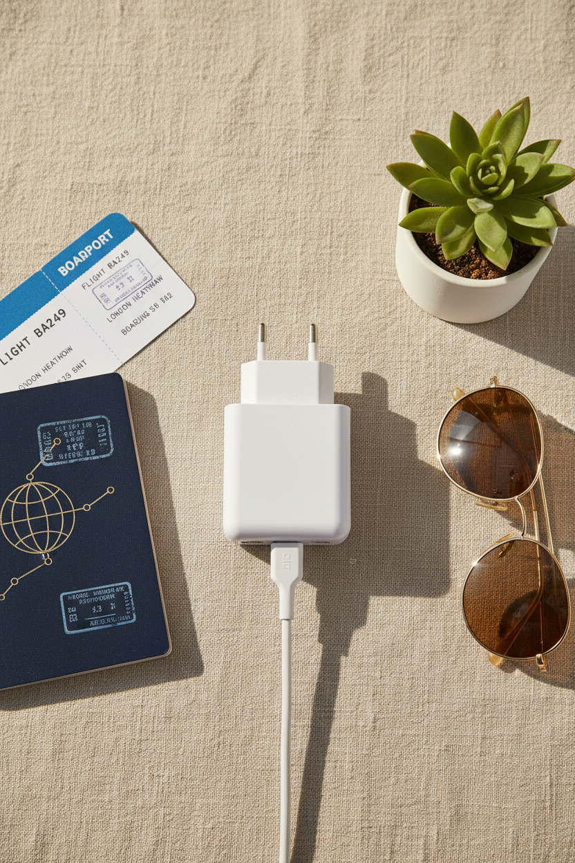 Universal travel plug adapter flat lay with passport, boarding pass and sunglasses on linen background